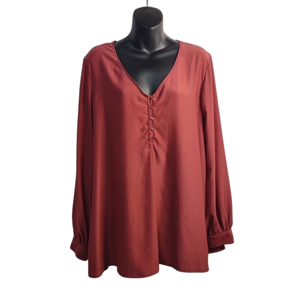 Valette Tops - Valette Blouse Women's Marsala Red V-Neck Longsleeve Top Blouse Size Large